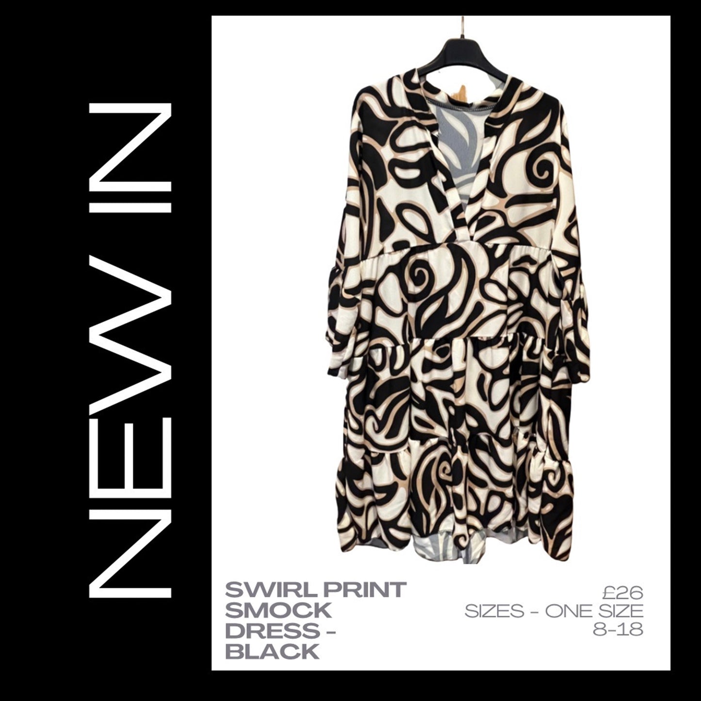 Swirl Print Smock Dress - Black